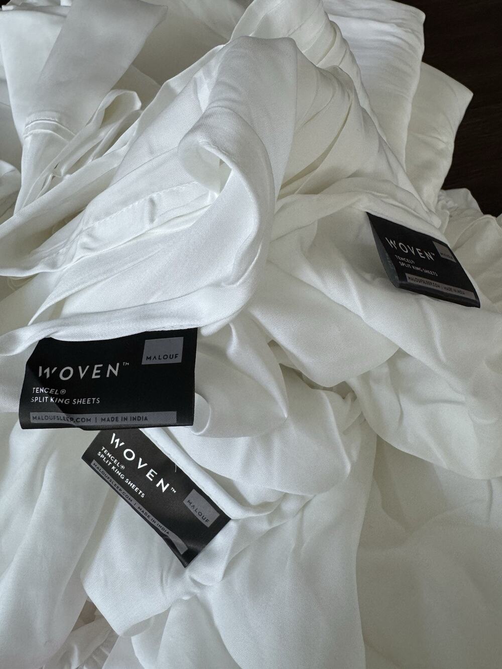 Malouf WOVEN Tencel Split King Sheet Set White 100% Lyocell 2 Fitted + 1 Flat